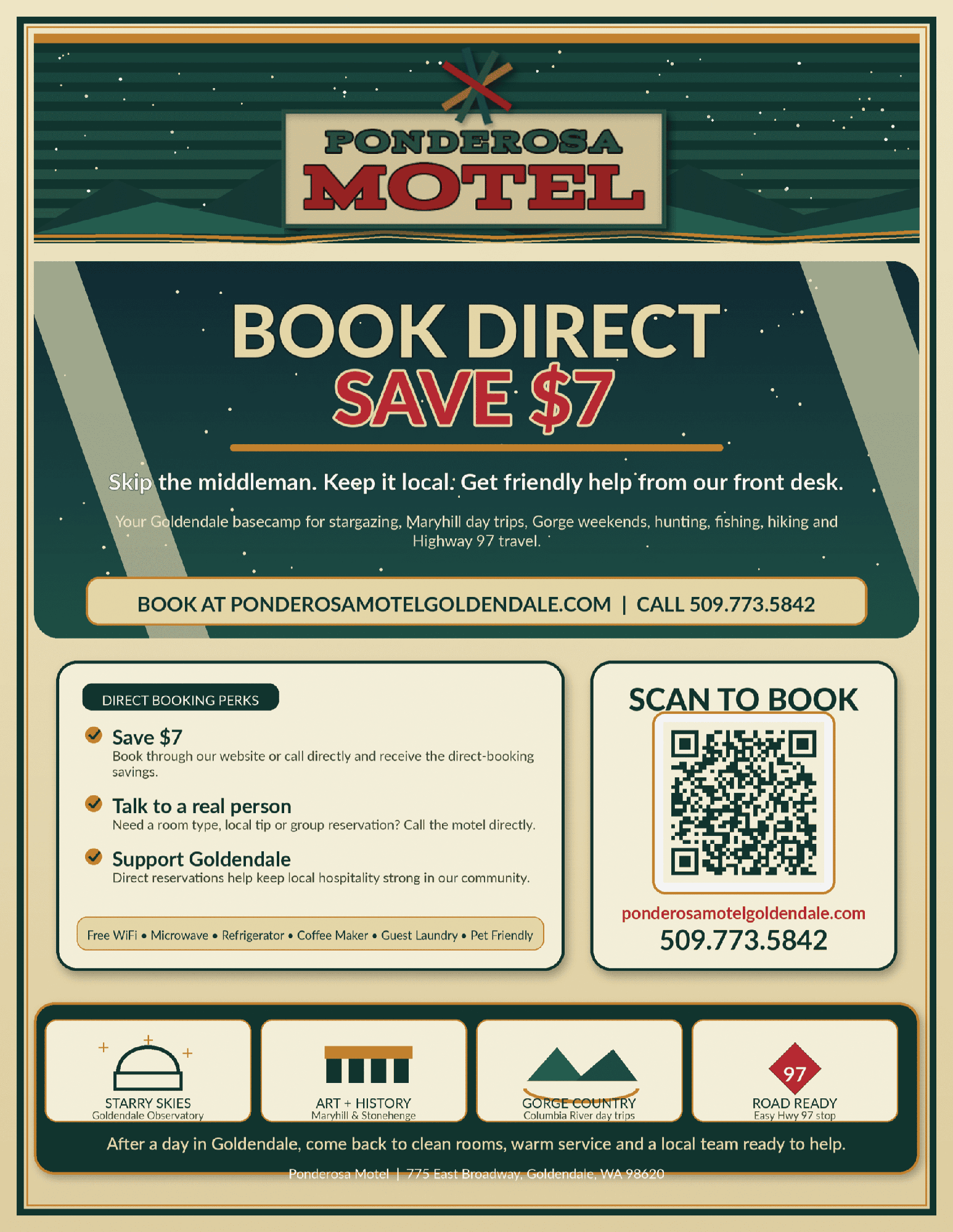 Book direct and save $7: call 509.773.5842 or book at ponderosamotelgoldendale.com